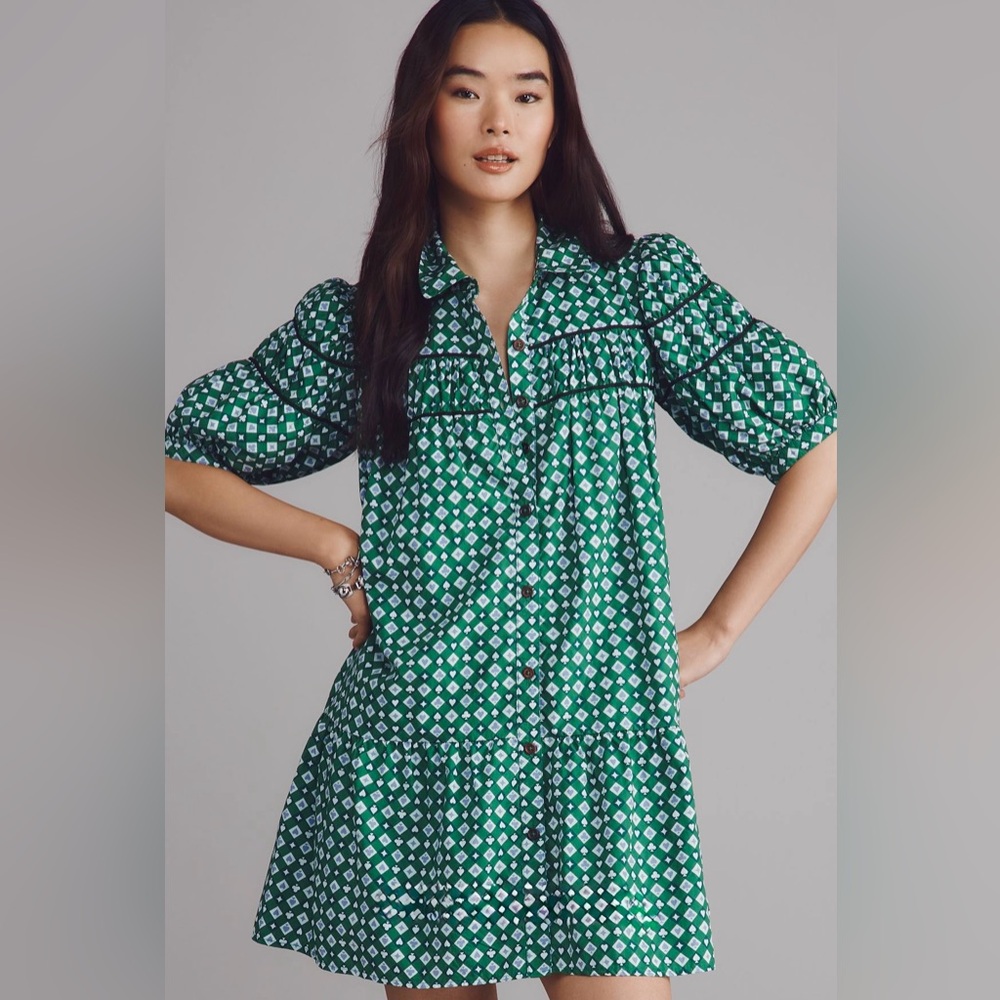 NEW NWT $148 MEDIUM ANTHROPOLOGIE MAEVE LEANDRA SHIRRED YOKE DRESS GREEN